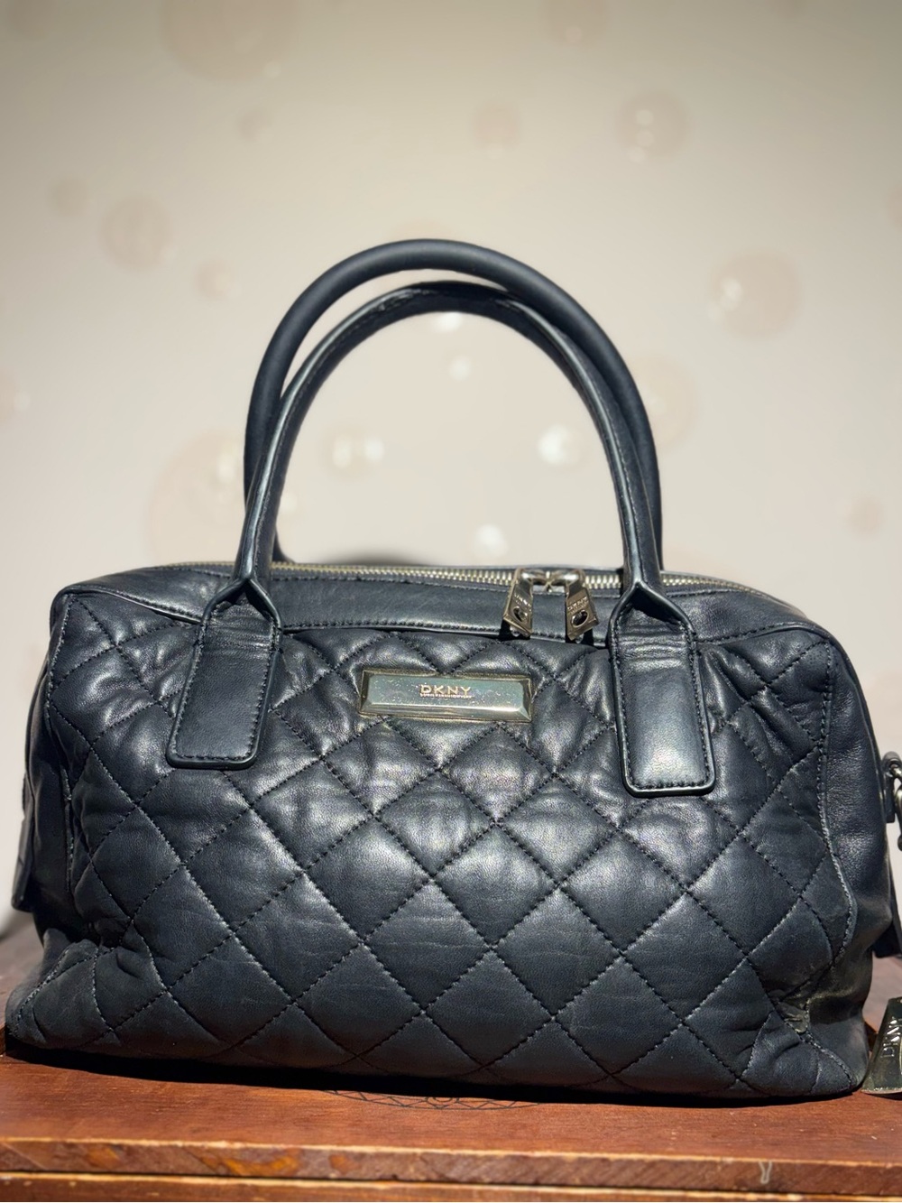 Vintage DKNY Black Diamond Quilted Nappa Leather Bower Satchel Bag